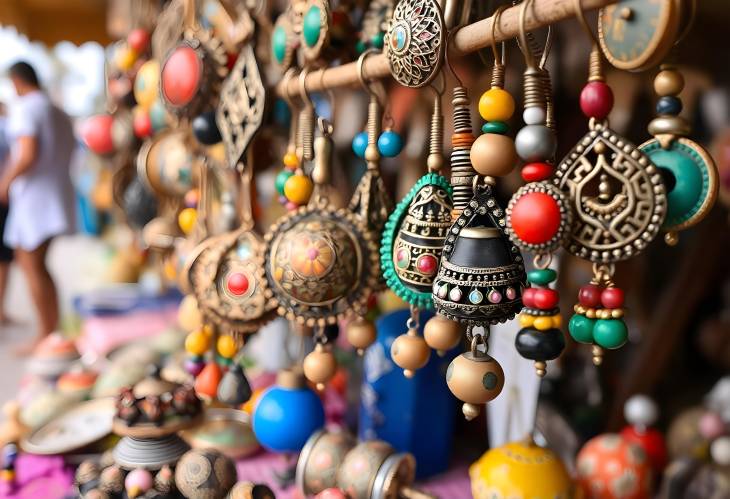 Colorful Retro Earrings Displayed for Tourists at the Beach Market